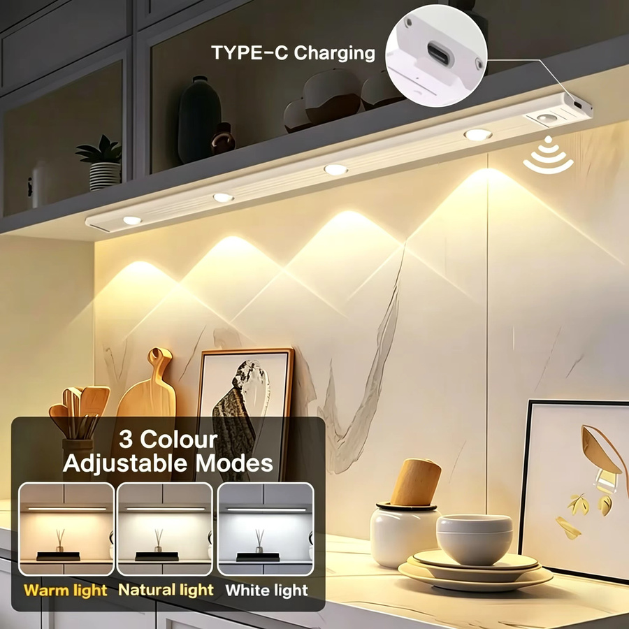 Pzsunly LED-Schrankleuchte in Weiß mit Bewegungssensor und Dimmfunktion, USB wiederaufladbare Nachtlampe für Küche und Möbel - Bild 6