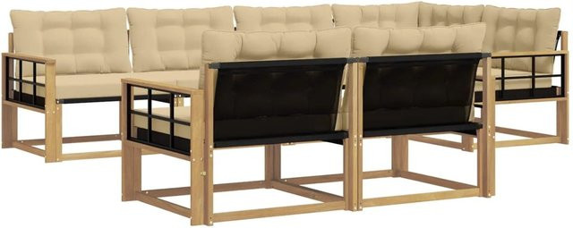 vidaXL Outdoor-Sofagarnitur in L-Form aus Akazienholz mit Textilene-Bezug und Kissen in Weiß und Beige - Bild 1