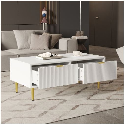 Modern Couchtisch MUVOE in Weiß mit goldener Dekoration und 2 Schubladen, B/T/H: 100 x 50 x 40 cm - Bild 1
