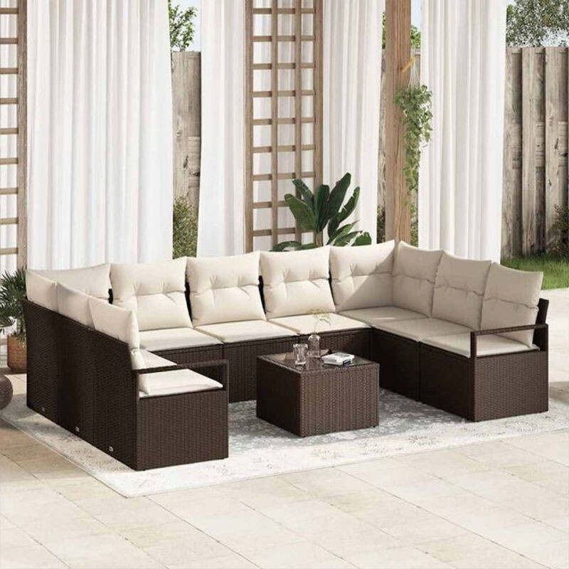 Vidaxl Garten-Sofa-Set aus Rattan und Metall mit 10-teiligen Polstern und integriertem Stauraum in Braun und Creme - Bild 1