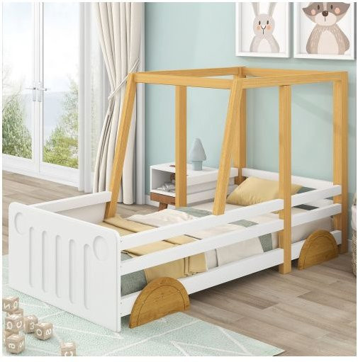 MUVOE Kinderbett Auto-Design aus MDF und Kiefer in Weiß, Natur oder Braun, B/T/H: 90 x 200 cm - Bild 1