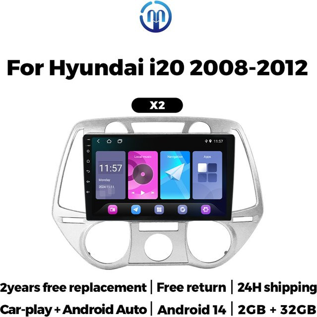 NaviFly Wireless Carplay Android Auto Multimedia-Player für Hyundai I20 mit GPS, Bluetooth und Wi-Fi, 2Din IPS Display - Bild 1