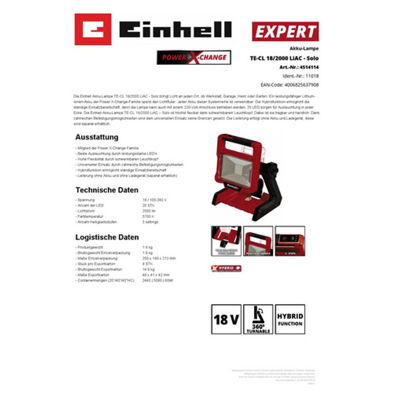 Einhell Power X-Change Akku-Lampe TE-CL 18/2000 LiAC Solo LED Arbeitsleuchte rot dimmbar - Bild 3