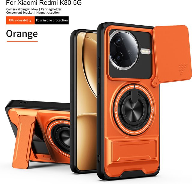 Xiaomi Poco F7 Pro Handyhülle mit MagSafe Magnetischem Klapphalter und Kameraschutz in Schwarz und Orange - Bild 1