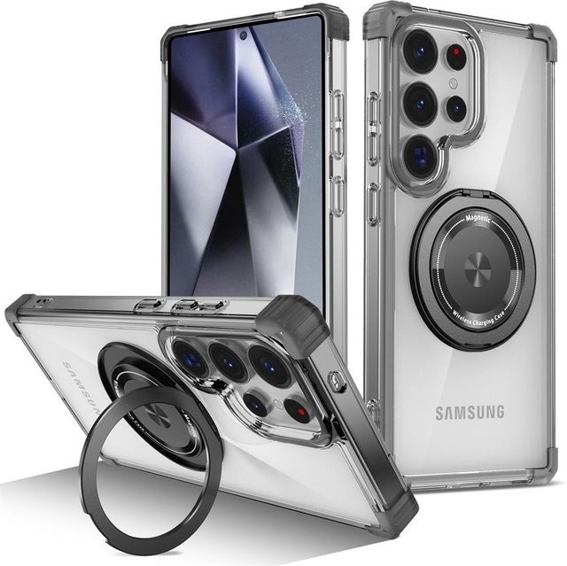Stoßfeste Samsung Galaxy Handyhülle mit drehbarem magnetischem Klappständer in Schwarz und Transparent für S26 S25 S24 S23 S22 S21 Ultra Plus FE - Bild 1