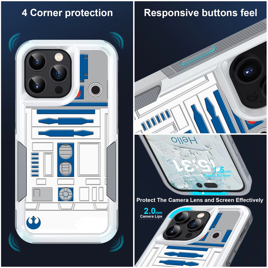 CASE TOWN Schutzhülle R2D2 Astronaut Roboter Dual Layer Stoßdämpfung für iPhone SE2 XS XR 11 12 13 14 15 16 Plus Pro Max, Multicolor - Bild 5
