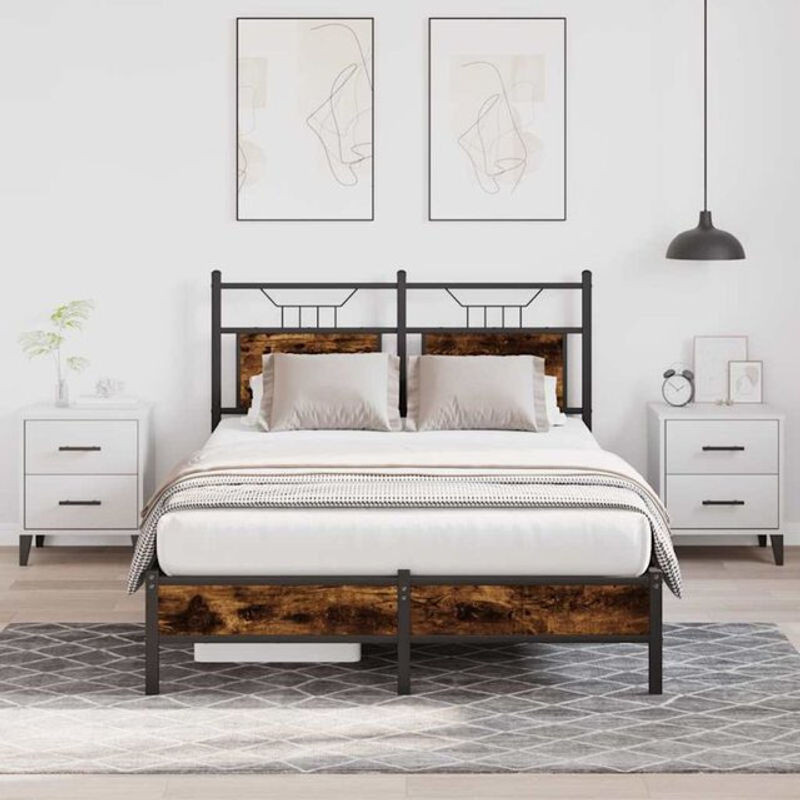 Bettgestell ohne Matratze von Vidaxl in Räuchereiche Braun aus Holzwerkstoff und Stahl im Industrial Design B/T/H: 120 x 190 cm - Bild 1