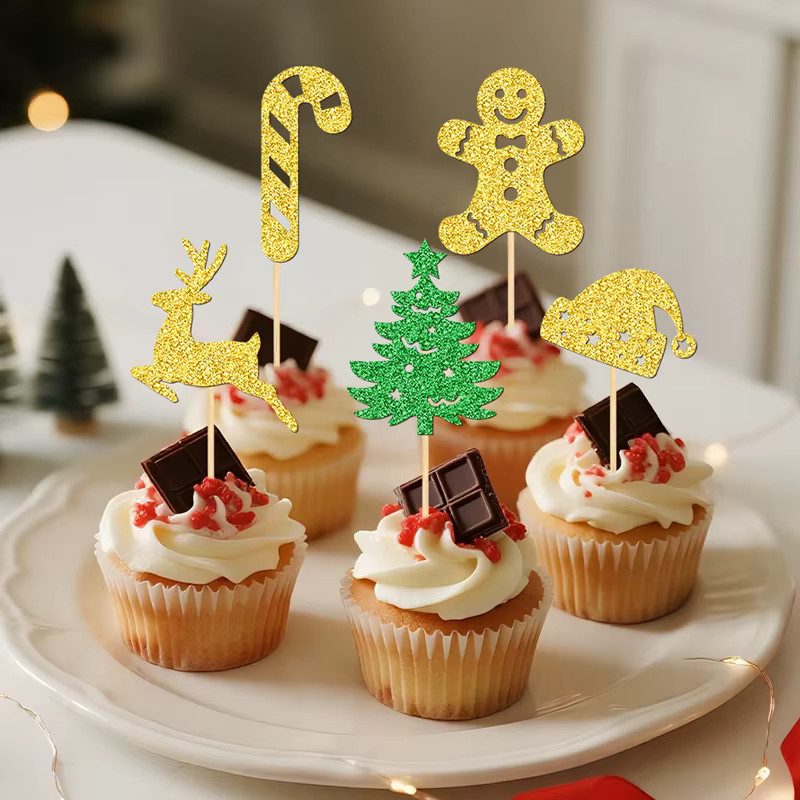 YOMDID 25 Stück Weihnachts-Cupcake-Topper aus Bambus in Gold, Grün und Multicolour mit Weihnachtsbaum, Weihnachtsmütze, Zuckerstange und Hirsch zur Kuchendekoration - Bild 2