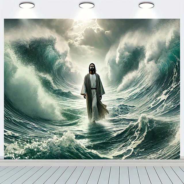 VIKAMA Wandteppich Jesus geht auf dem Wasser, Christliche Wandkunst Biblische Szene, Mehrfarbig, B: 75 cm, H: 75 cm - Bild 1