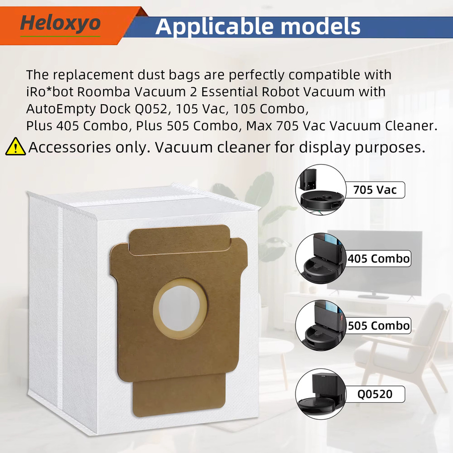 Heloxyo Ersatz-Staubbeutel in Weiß kompatibel mit iRobot Roomba 2 Essential Q052, Roomba 104, 105 Vac, 105 Combo, Plus 405 und Plus 505 - Bild 2