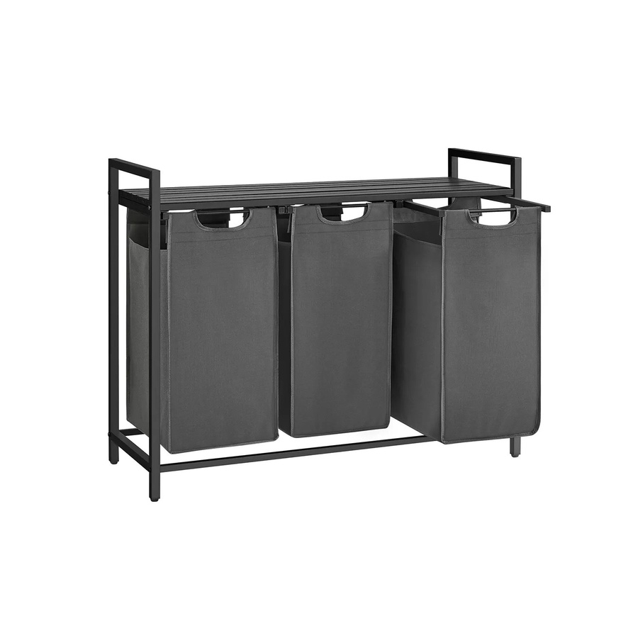 Vasagle Wäschesammler mit 3 Fächern und Ablage, Wäschekorb aus Stoff und Stahl, Schwarz-Grau, B/T/H: 92,5 x 33 x 72 cm - Bild 3