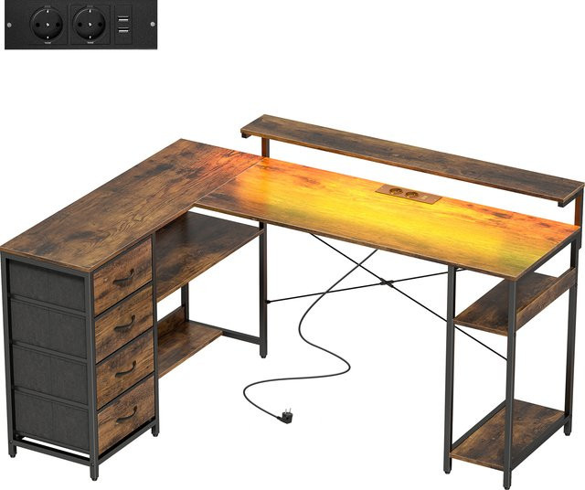 HOMCOM Gaming Schreibtisch L-Form in Rustikal-Braun mit LED-Beleuchtung, Stromanschluss, 4 Schubladen und Monitorständer, B/T/H: 155 x 110 x 91,4 cm - Bild 1