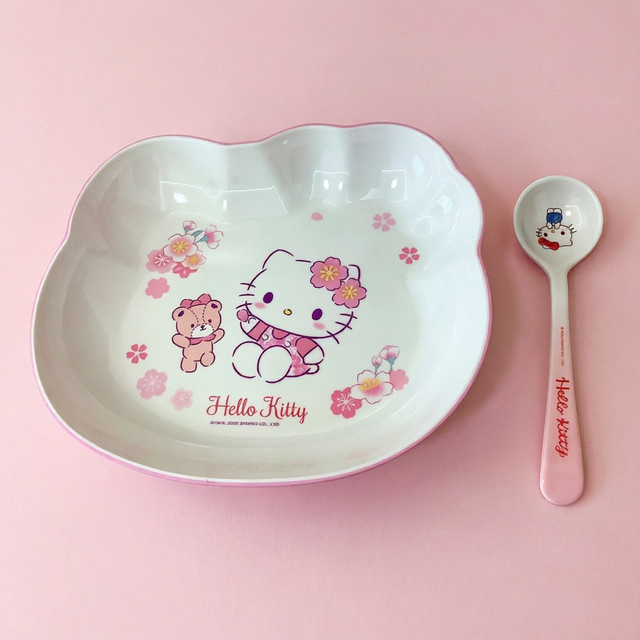 WUHE Hello Kitty Kinder-Melamin-Geschirrset in Weiß mit Teller und Löffel, BPA-frei und spülmaschinenfest - Bild 1