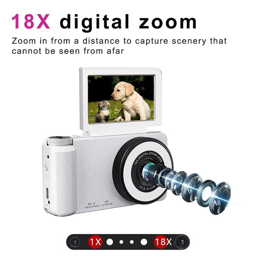 Vandlion A67B 4K CCD-Videokamera mit 64MP, 18-fach Zoom, Autofokus und HD IPS-Bildschirm in Schwarz - Bild 2