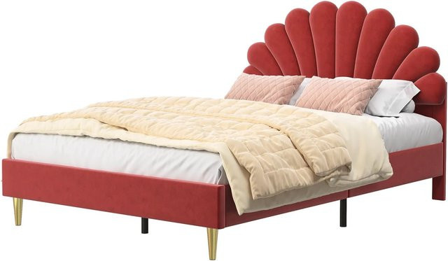 PXloue Polsterbett mit floralem Kopfteil und Lattenrost aus Samt, Rot/Beige, B: 140 cm, H: 109 cm, T: 204 cm - Bild 1