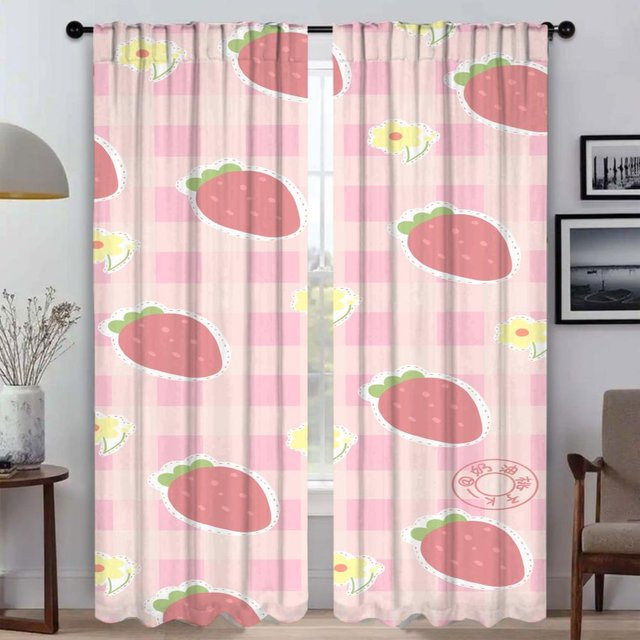 Erdbeer Verdunkelungsvorhänge aus Tüll im floralen Design, 2 Stück, Farbe: Pink, B: 50 cm, H: 70 cm - Bild 1