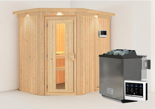 Karibu Vijandi Bio-Kombi-Sauna aus Fichtenholz für 3 Personen inkl. 9 kW Saunaofen mit externer Steuerung, beige, B/T/H: 210 x 165 x 202 cm - Bild 1