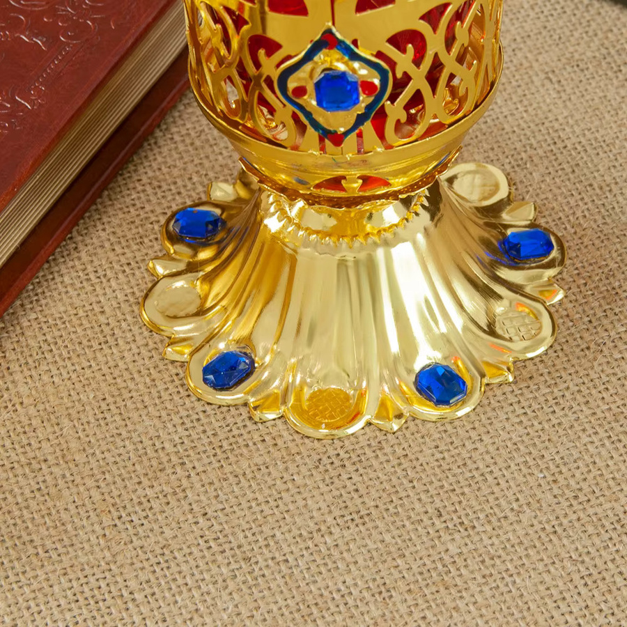 Orthodoxe christliche Öllampe mit rotem Glasbecher in Rot und Weiß für religiöse Zeremonien - Bild 2
