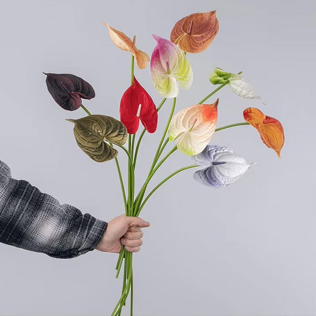 10er Set LINANUO Künstliche Anthurium Blumen aus PU und Kunststoff, Palmblumen in Braun und Mehrfarbig für Hochzeitsdekoration, Brautstrauß und Tischarrangement - Bild 1