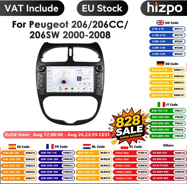 HIZPO Android 14 Multimedia Radio für Peugeot 206 (2001-2008) mit 7 Zoll Display, GPS, 4G, Carplay und Navigation in Schwarz - Bild 1