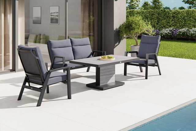 Siena Garden Bellani/Valencia Garten-Essgruppe in Anthrazit mit Tisch, 2 Sesseln, 1 Sofa und Kissen aus Aluminium, Keramik und Ranotex, Tisch Breite: 140 cm, Tiefe: 85 cm - Bild 1