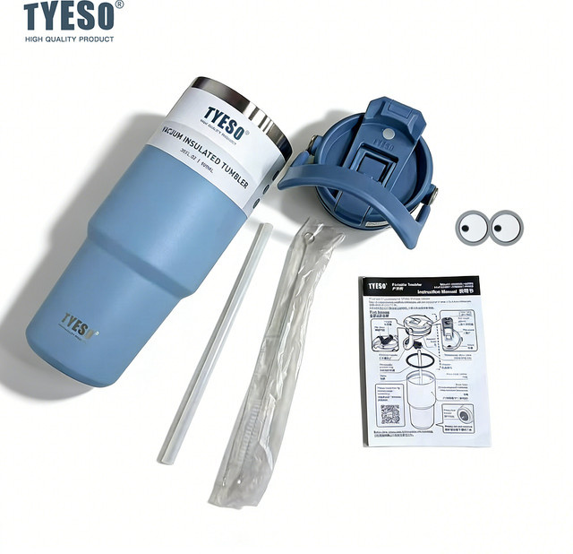 Tyeso Multifunktions-Thermoskanne mit Griff in Blau, Edelstahl-Vakuum-Becher für Heiß- und Kaltgetränke - Bild 1
