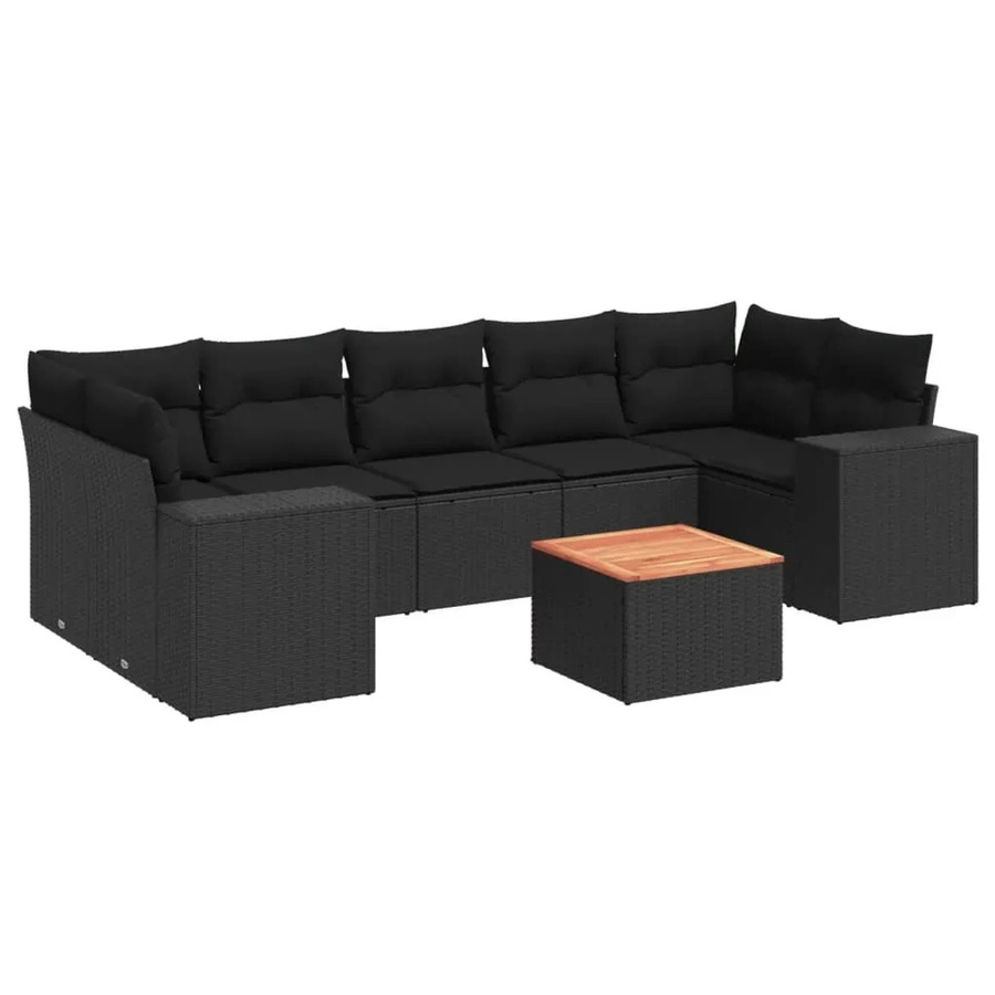vidaXL 8-tlg Garten-Sofagarnitur in L-Form aus Polyrattan und Akazienholz mit Kissen, Schwarz - Bild 2