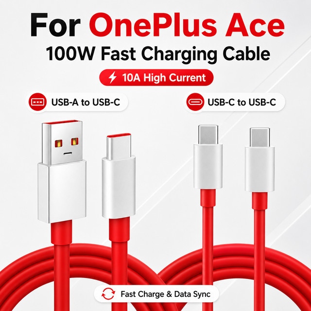 OnePlus 100W Typ-C Schnellladekabel Rot mit USB-A zu USB-C und USB-C zu USB-C Optionen für Datensynchronisation - Bild 1