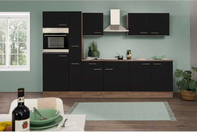 Respekta Küchenzeile KB300EYS in Schwarz Seidenglanz und Eiche York Nachbildung, Breite: 300 cm, Höhe: 205 cm, Tiefe: 55,5 cm - Bild 1