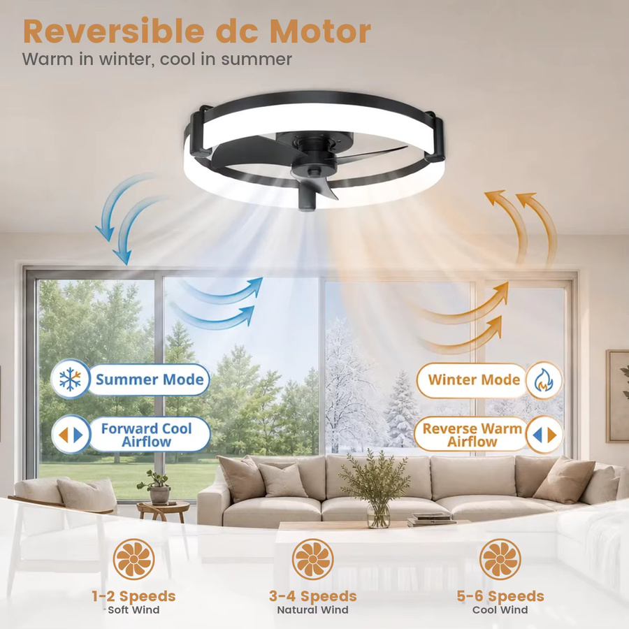 Aiopp Reversibler LED-Deckenventilator mit Fernbedienung, dimmbarer Beleuchtung und Timer, runder Deckenventilator in Schwarz und Weiß mit leisem DC-Motor - Bild 2