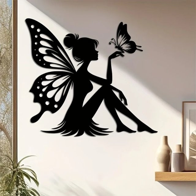 CIFBUY Moderne Metall-Wandkunst Fairy und Schmetterlinge in Schwarz, lasergeschnittene Dekoration für Innenbereich und Außenbereich, B/H: 40 x 40 cm - Bild 1
