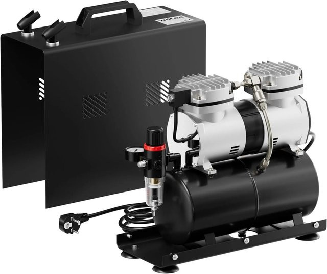 Wiltec Airbrush Kompressor AS196A in Schwarz mit 2-Zylinder-Kolben, Lufttank und 6 Bar Druck über 2-Stufenschalter - Bild 1