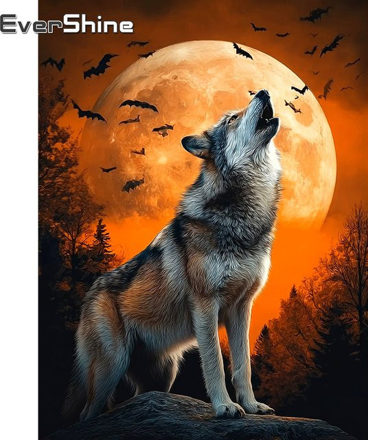 EverShine Diamond Painting Wolf Motiv mit Mond als 5D Tier Bild Mosaik in Multicolour, B/H: 30 x 20 cm - Bild 1