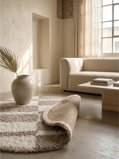 Hochflorteppich Kadima Design, kariert, Beige, Ø 160 cm - Bild 1