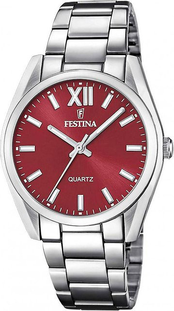 Festina Damenuhr, Edelstahl, rotes Zifferblatt, Quarz, 37 mm - Bild 1