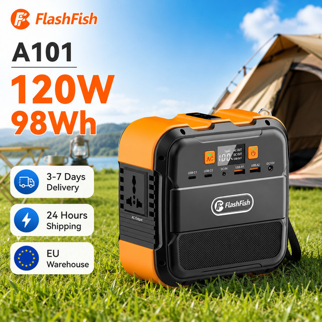 Tragbare Powerstation FlashFish A101 Solargenerator mit 120W Spitzenleistung, 98Wh Kapazität und Mehrfach-Ausgangsanschlüssen in Schwarz-Orange - Bild 1