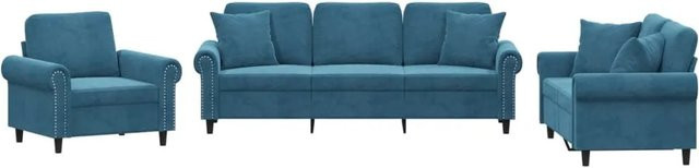 vidaXL Sofagarnitur aus Samt in Blau mit Kissen, bestehend aus 3-Sitzer-Sofa, 2-Sitzer-Sofa und Sessel - Bild 1