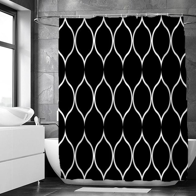 Wasserdichter Duschvorhang aus Stoff mit geometrischem Muster in Schwarz, Weiß und Grau inklusive Haken, B: 180 cm, H: 180 cm - Bild 1