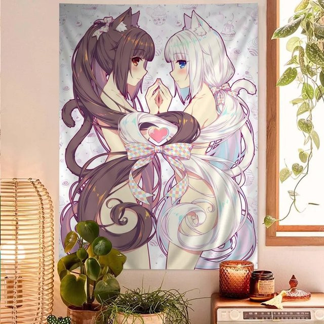 Anime Nekopara Wandteppich mit Cartoon-Illustration im Kawaii Sci-Fi-Stil, Mehrfarbig, Rechteckig - Bild 1