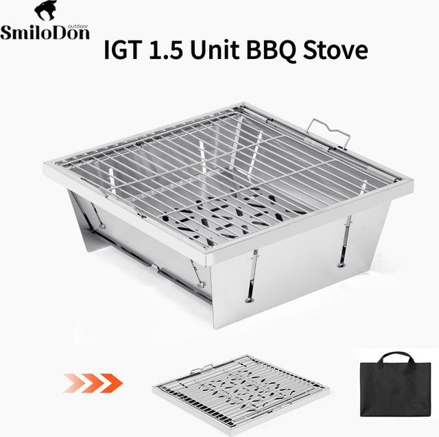 SmiloDon IGT BBQ Grill Ofen aus Edelstahl, faltbarer Holzkohle- und Holzofen für Camping und Picknick, Farbe: Silber, B/T/H: 36,0 x 37,5 x 14,0 cm - Bild 1