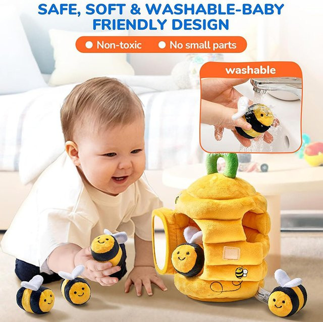 Yikesong Montessori Bienenstock-Biene Plüschspielzeug mit Rassel, Spiegel und Knister-Quietschfunktion für Babys ab 6-12 Monaten, Gelb - Bild 1