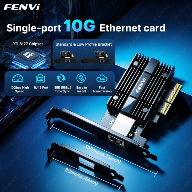 FENVI 10Gb PCIe 3.0 X4 Netzwerkkarte RTL8127 RJ45 Ethernet LAN-Adapter Multi-Gig 10G/5G/2,5G/1Gbit/s in Schwarz für Desktop-PC Windows/Linux - Bild 1