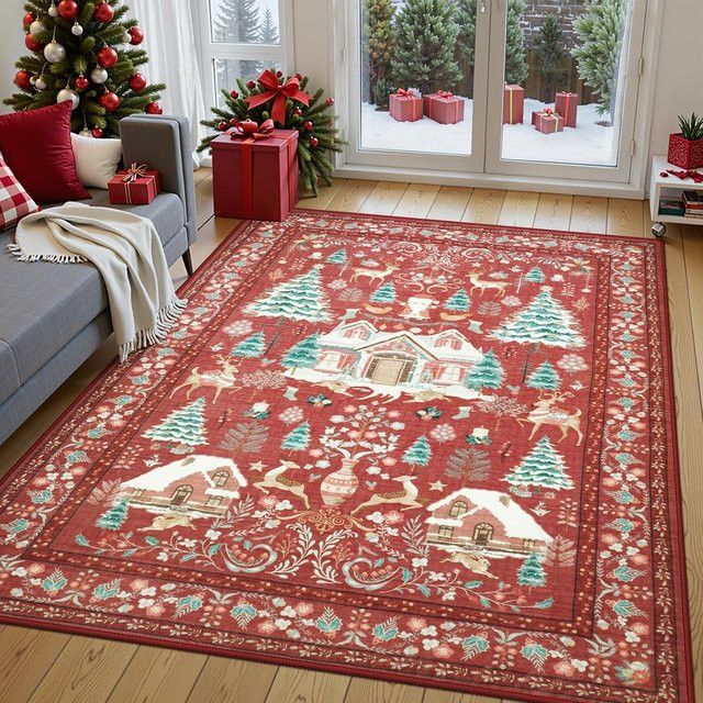 VIKAMA Weihnachts Teppich im Bohemian Design, Rot, Rutschfeste und Verschleißfeste Bodenmatte für Wohnzimmer und Schlafzimmer - Bild 1