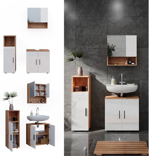 Vicco Badmöbelset Irma in Eiche und Weiß Hochglanz, 3-teiliges modernes Badezimmer-Set - Bild 1
