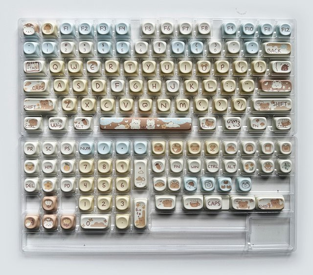 Zuoya Keycaps Milch Tee Bär Thema Set mit 132 Tasten im MOA Profil aus PBT in Weiß und Beige für mechanische Gaming-Tastaturen wie GMK67 - Bild 1