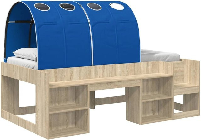 vidaXL Bettgestell mit Tunnel und Regal, 3-teiliges Set, Sonoma Eiche und Blau, B/T/H: 90 x 190 x 118,5 cm - Bild 1