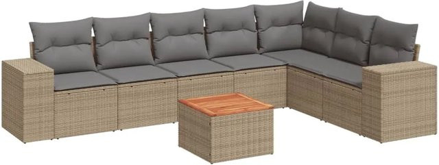vidaXL 8-teilige Garten-Sofagarnitur in L-Form aus Poly-Rattan und Akazienholz mit Kissen in Beige-Grau - Bild 1