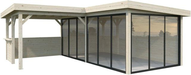 Palmako Pavillon Lenna Set 423 Slide aus Fichtenholz in Braun mit transparenten Alu-Schiebetüren und Flachdach, B/T/H: 588 x 588 x 245 cm - Bild 1