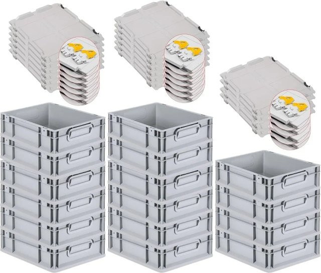 PROREGAL SuperSparSet 16x Eurobox NextGen Grip mit Scharnierdeckel und gelben Schiebeschnappverschlüssen, Grau, H x B x T: 12 x 30 x 40 cm, verstärkte Wände - Bild 1