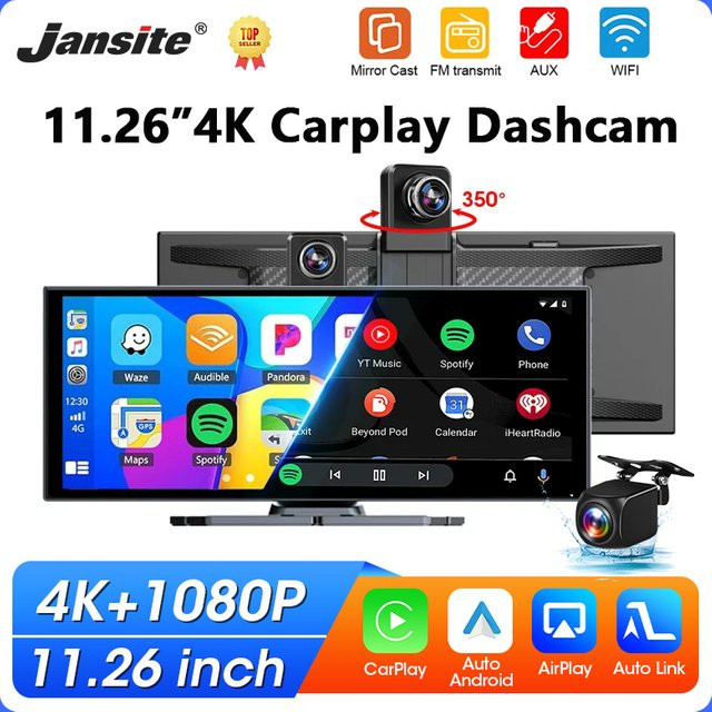 Jansite Carplay Monitor mit 11,26 Zoll Display, 4K Dashcam, Android Auto, GPS, Bluetooth und FM/AUX in Schwarz - Bild 1